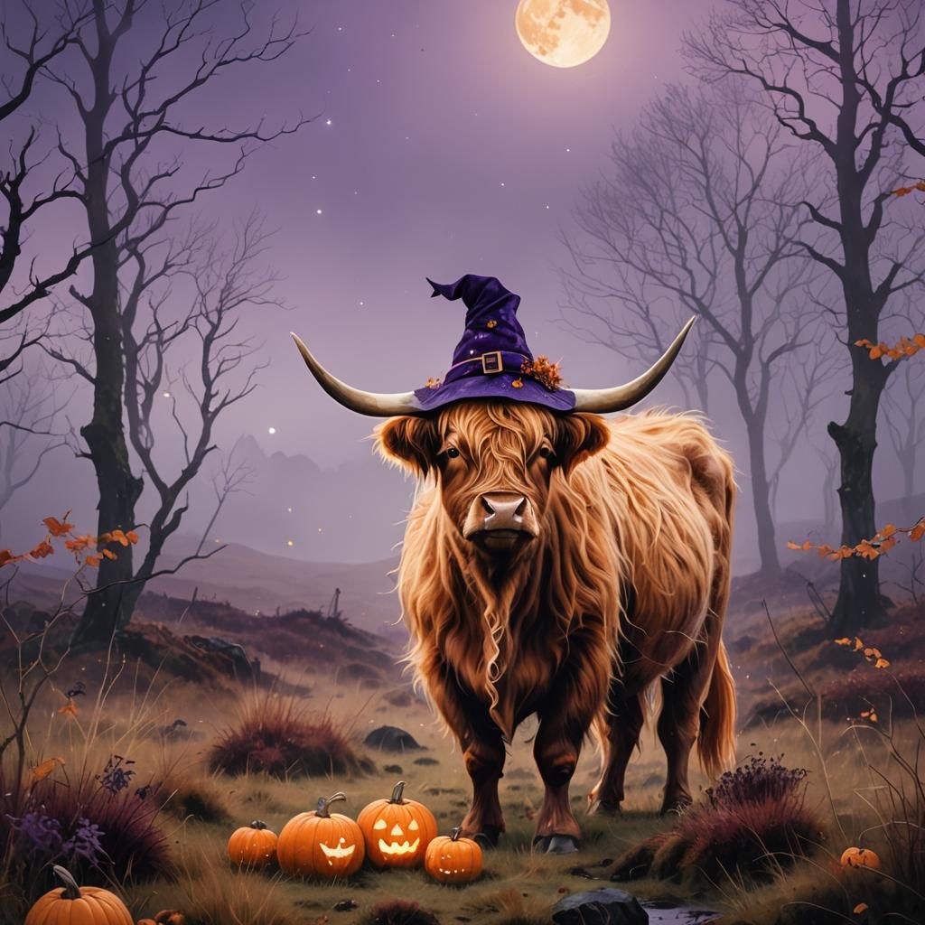Highland Cow Witch in Misty Moor Illustration