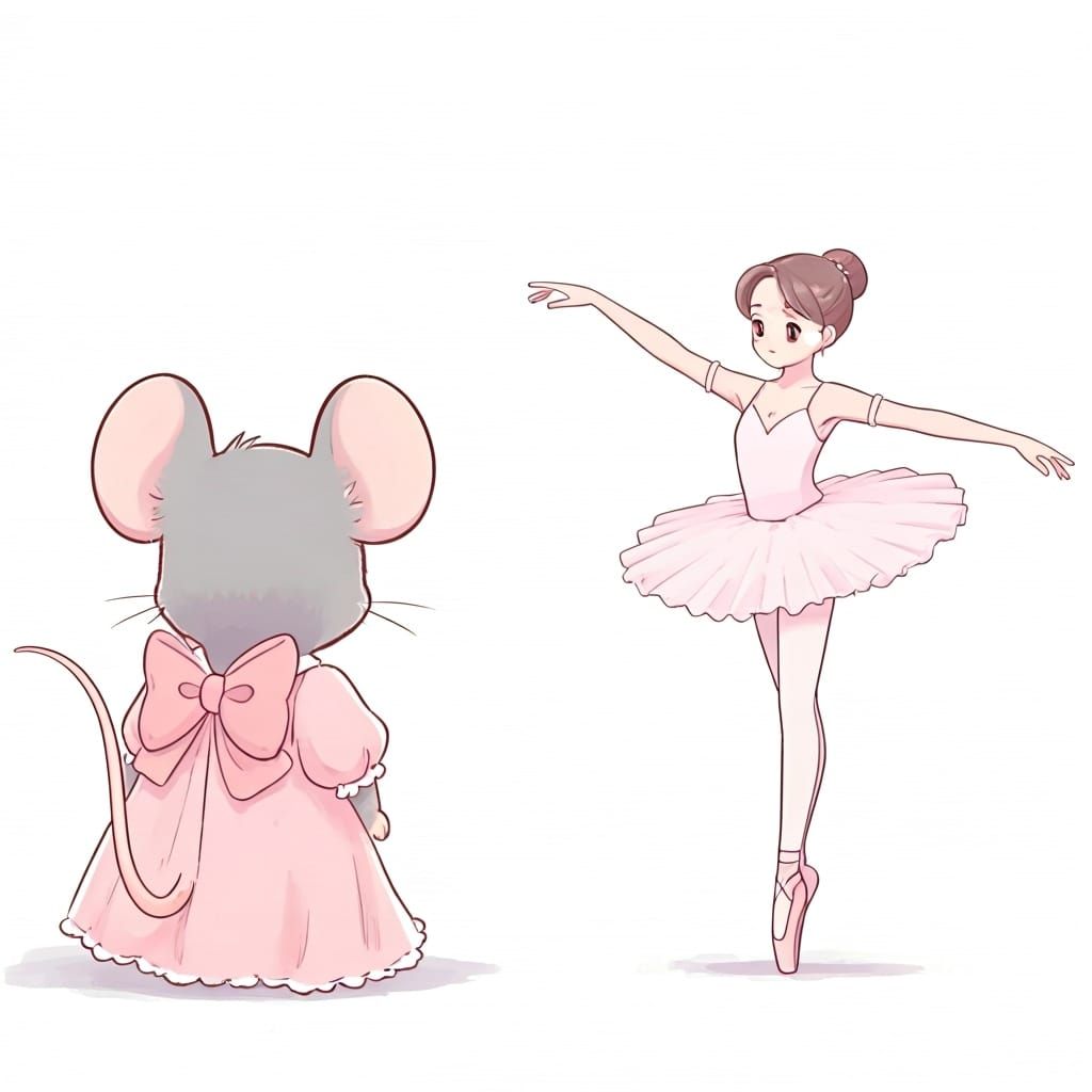 Chibi Mouse Watches Ballerina Dance in Whimsical Style