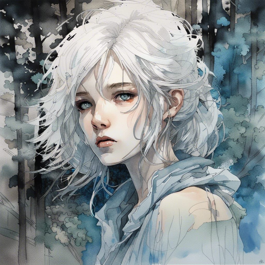 Ethereal Silver-Haired Woman Portrait in Watercolor
