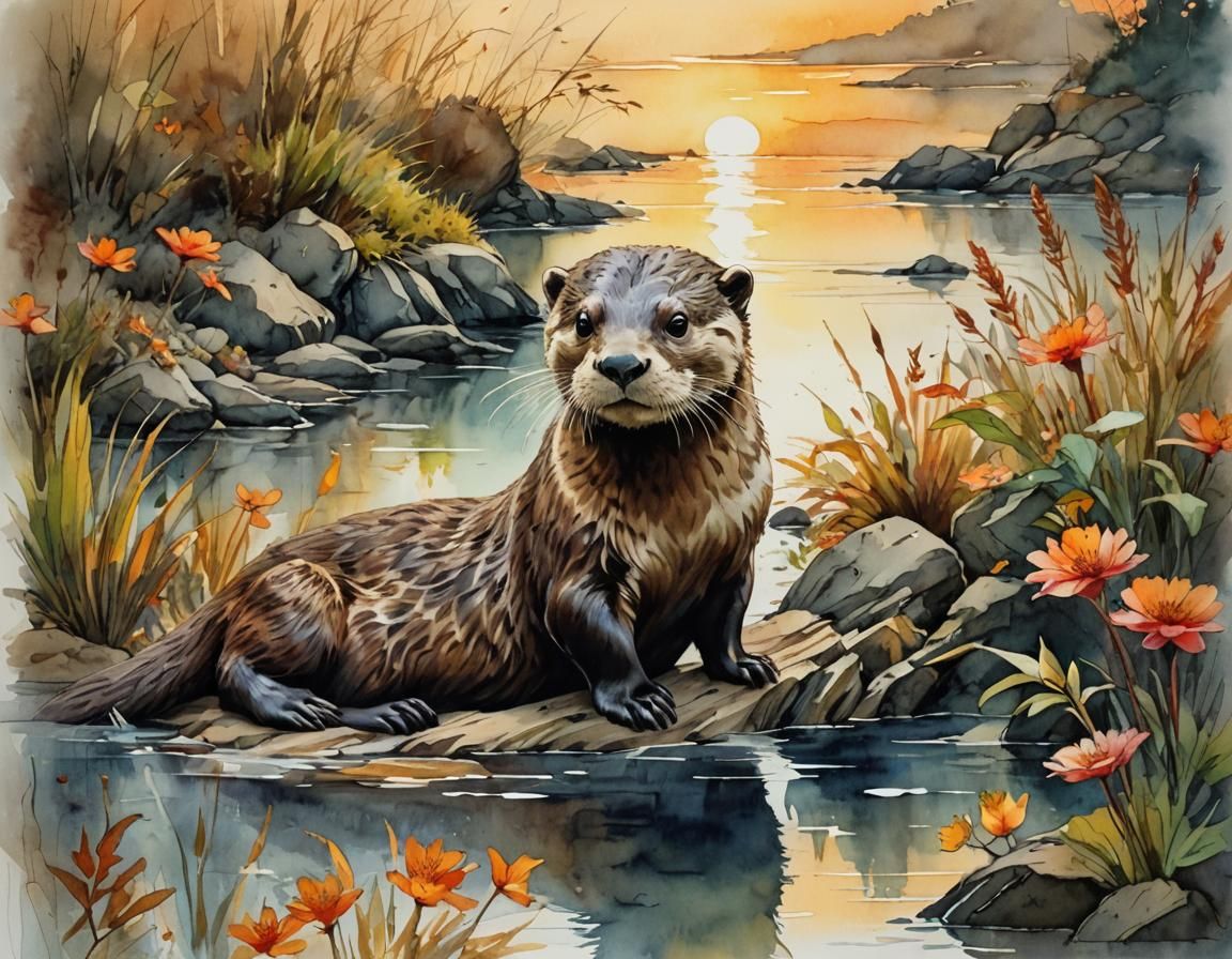 Otter Sunset Digital Watercolor Illustration