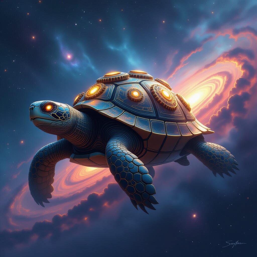 Ancient Clockwork Turtle Navigates Cosmic Nebula
