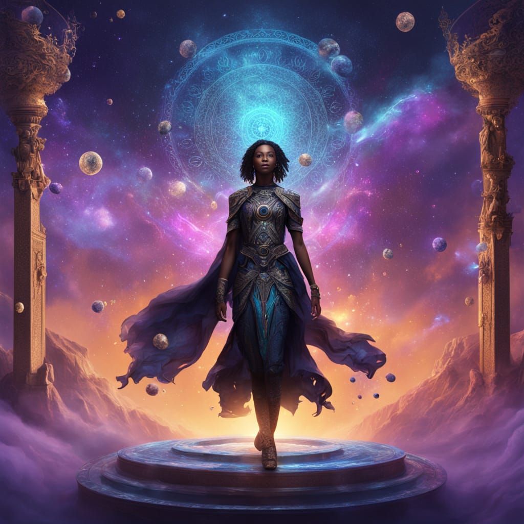 Powerful Black Goddess in Cosmic Nebula