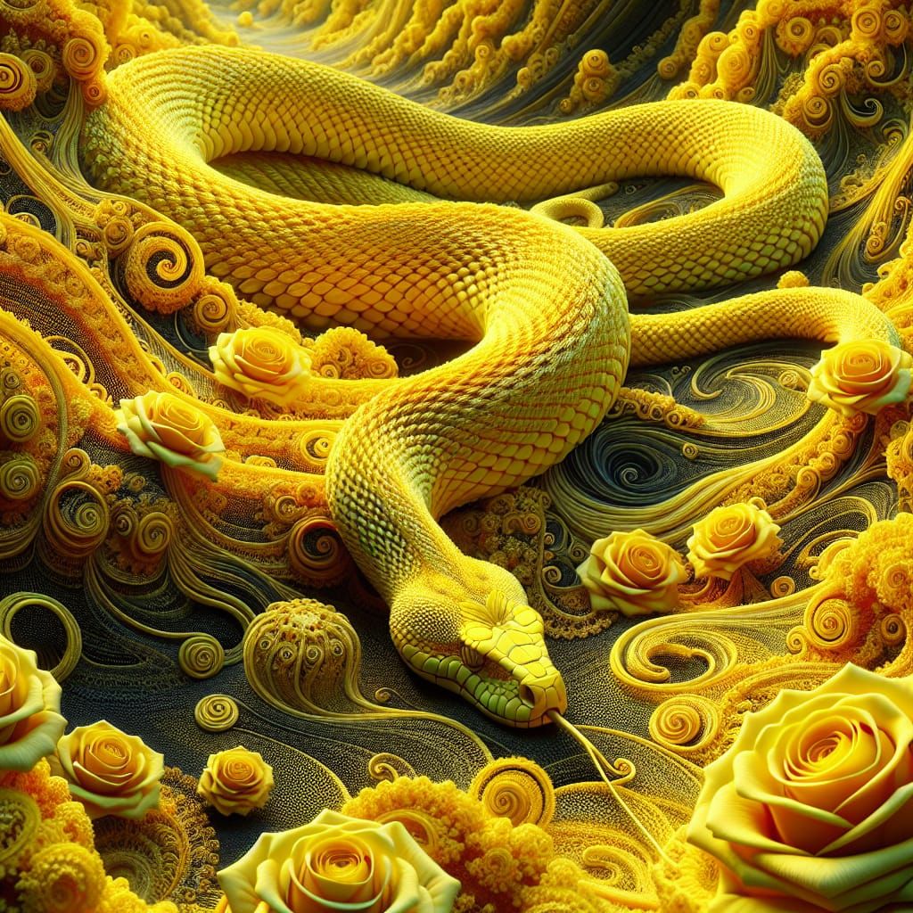 Vibrant Yellow Snake on Intricate Lace with Exquisite Roses