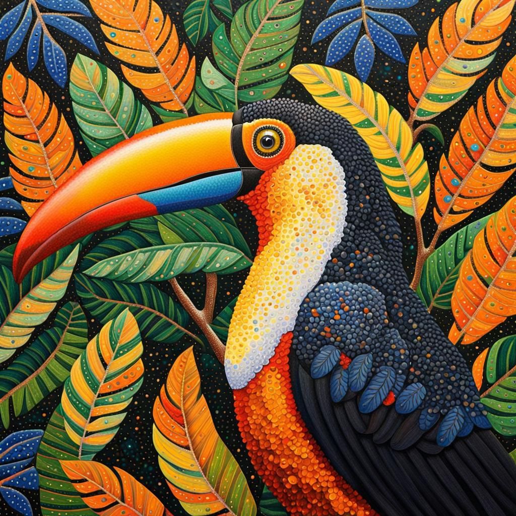 Pointillist Toucan Portrait in Rainforest