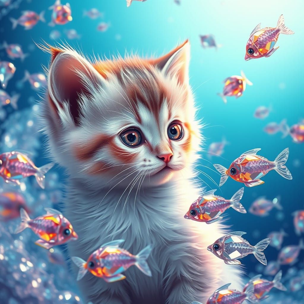 Whimsical Kitten Amidst Crystal Quartz and Gemstone Fish
