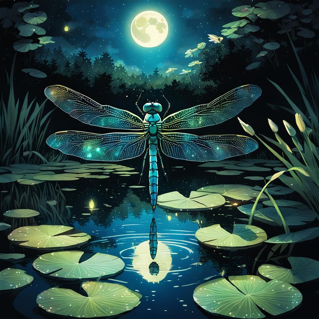 Moonlit Dragonfly with Iridescent Wings in Anime Style