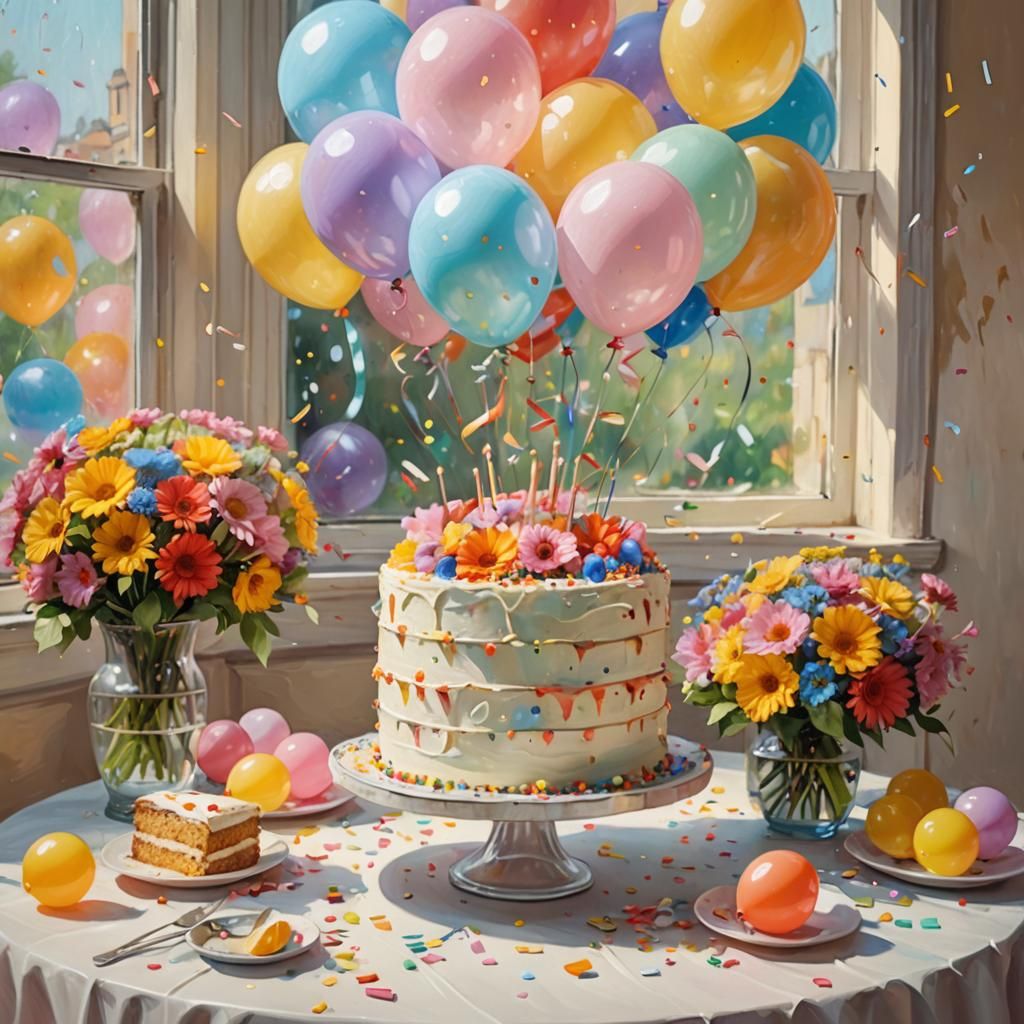 Joyful Still Life with Flowers and Cake as Oil Painting