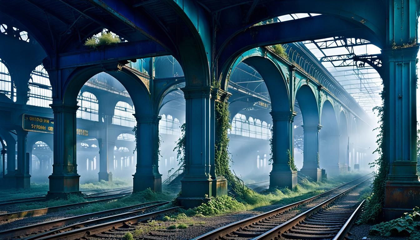 Cyberpunk Train Station in Decay, Gothic Futurism Meets Eeri...