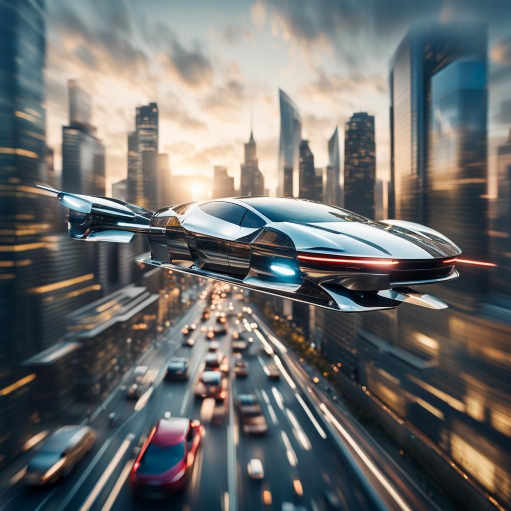 Futuristic Cityscape with Flying Cars in Bokeh