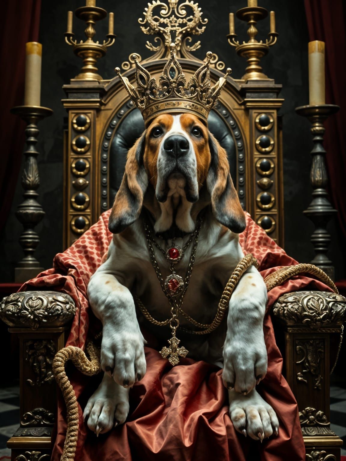 Basset Hound Emperor on Throne in 17th Century Style