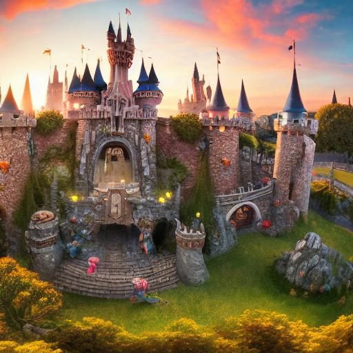 Magical Disney Castle at Sunset in a Fantasy Kingdom