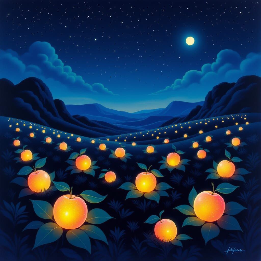 Surreal Nightscape with Glowing Bioluminescent Fruit