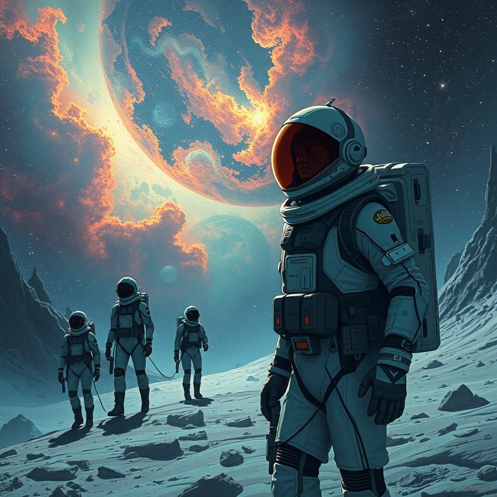 Futuristic Space Travelers Explore a Starry Galaxy