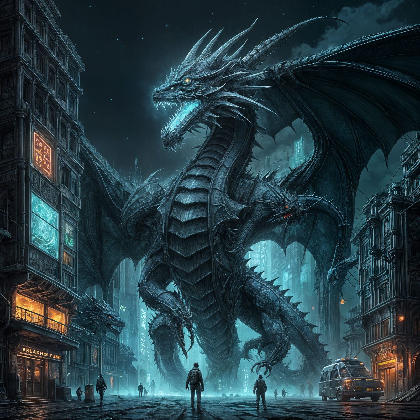 Bioluminescent Dragon Descends on Futuristic City