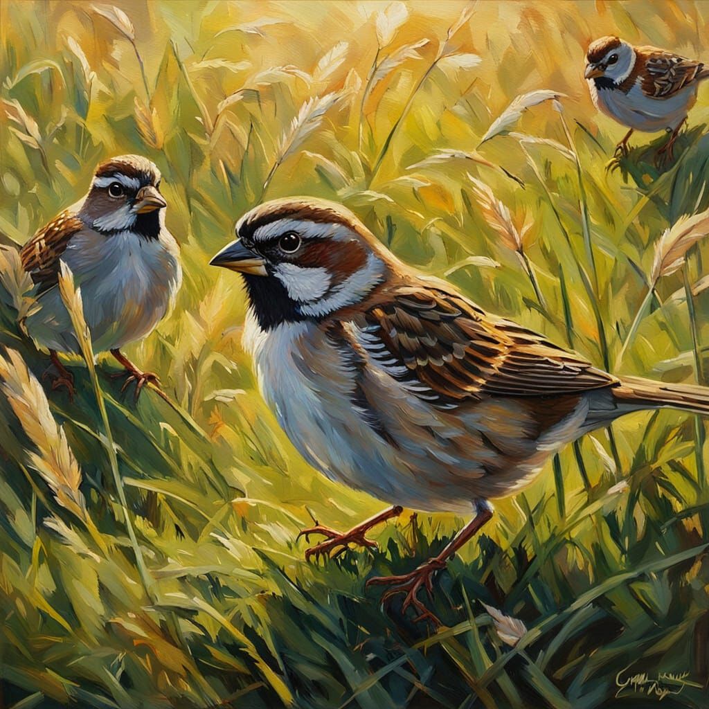 Sparrows in Grass, Impressionist Oil Painting