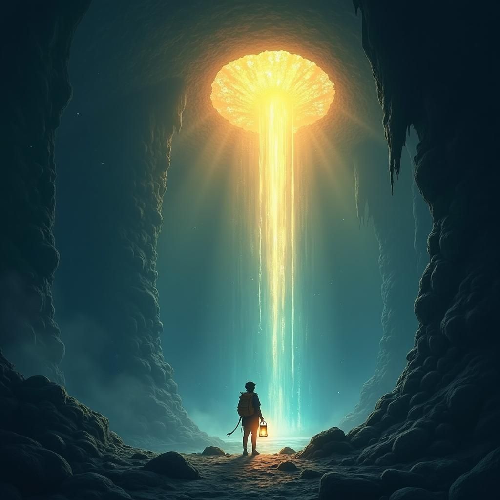 Traveler at Cave Entrance with Crystalline Ceiling