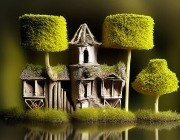 Enchanted Miniature Castle Ruins by Garden Lake