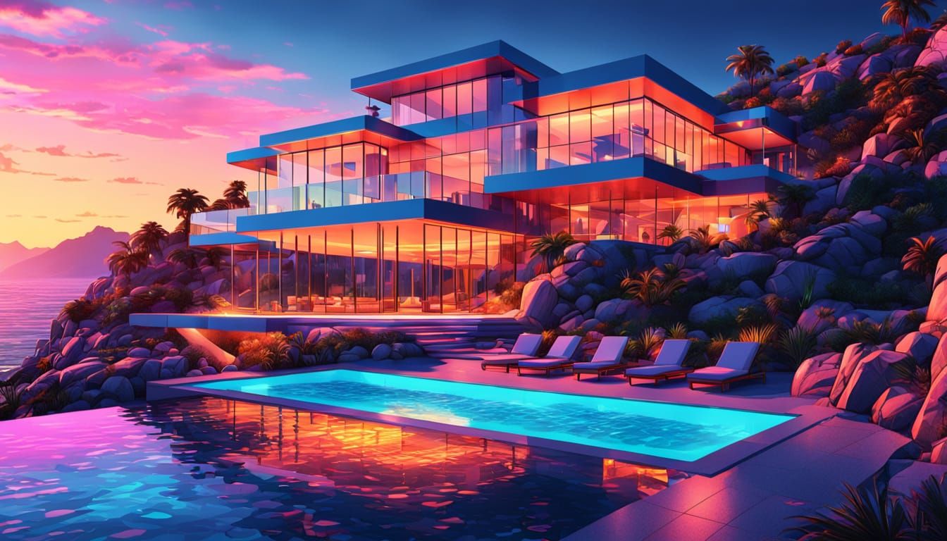 Cliffside Mansion with Neon Pool in Comic Book Style