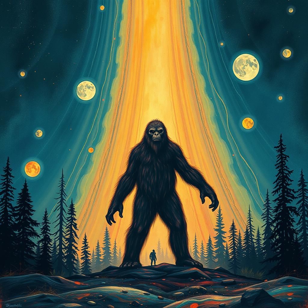 Surreal Bigfoot Namaste with Van Gogh and Miro Influences