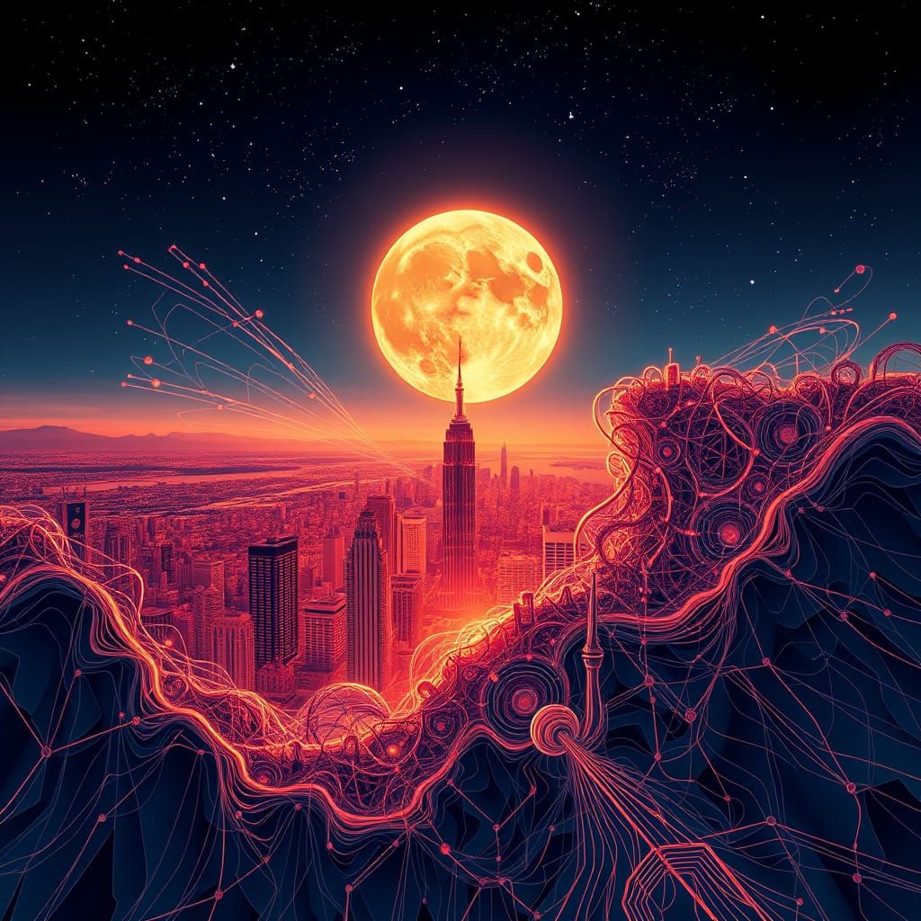 Luminous Moonrise Over Futuristic Cityscape in Cyberpunk Aes...