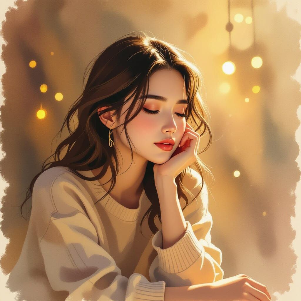 Contemplative Woman in Golden Light: Watercolor Style