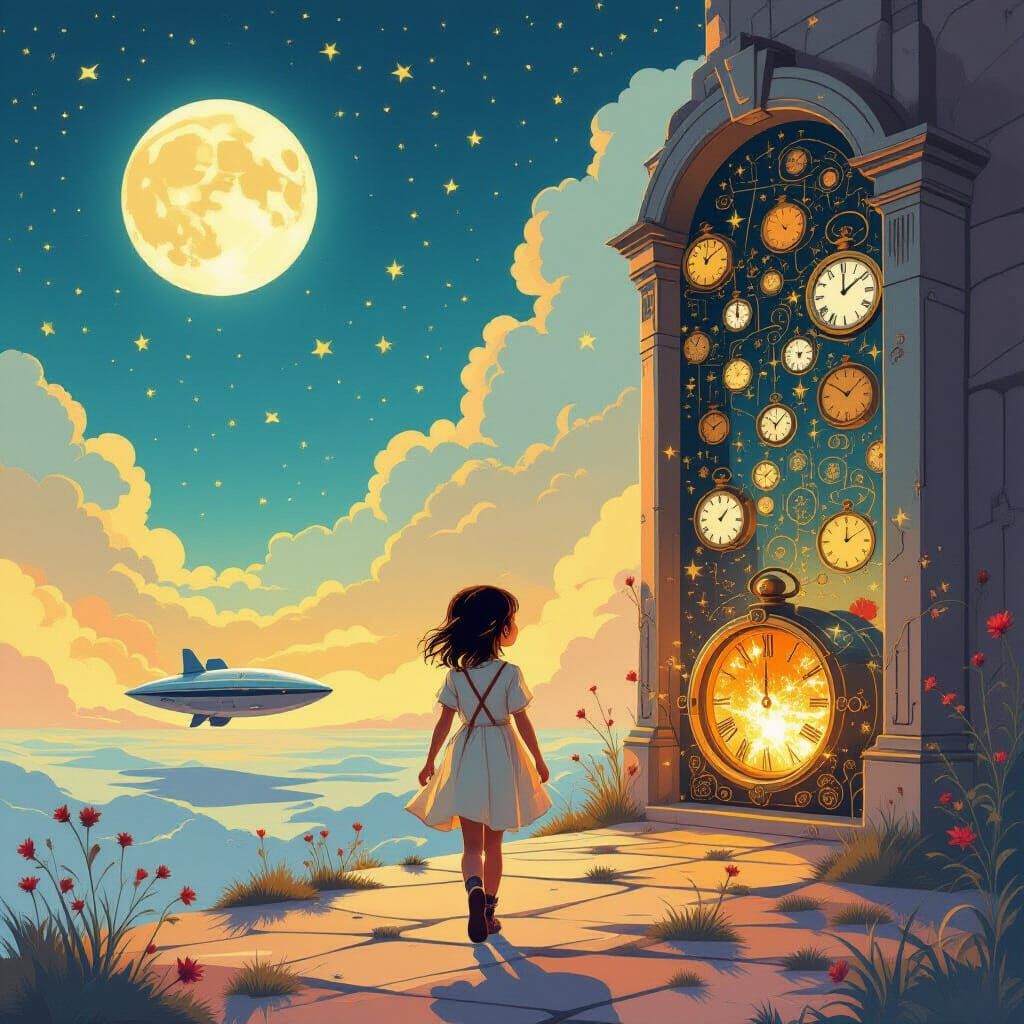 Surreal Dreamscape with Girl, Moon, and Cosmic Vessel