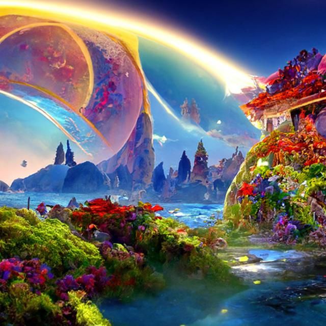 Sci-Fi Alien Zen Garden with Cosmic Sky