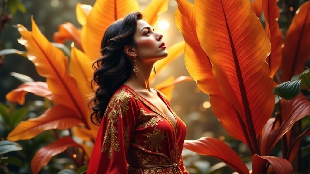 Caucasian Woman Gazes at Surreal Giant Jungle Flower