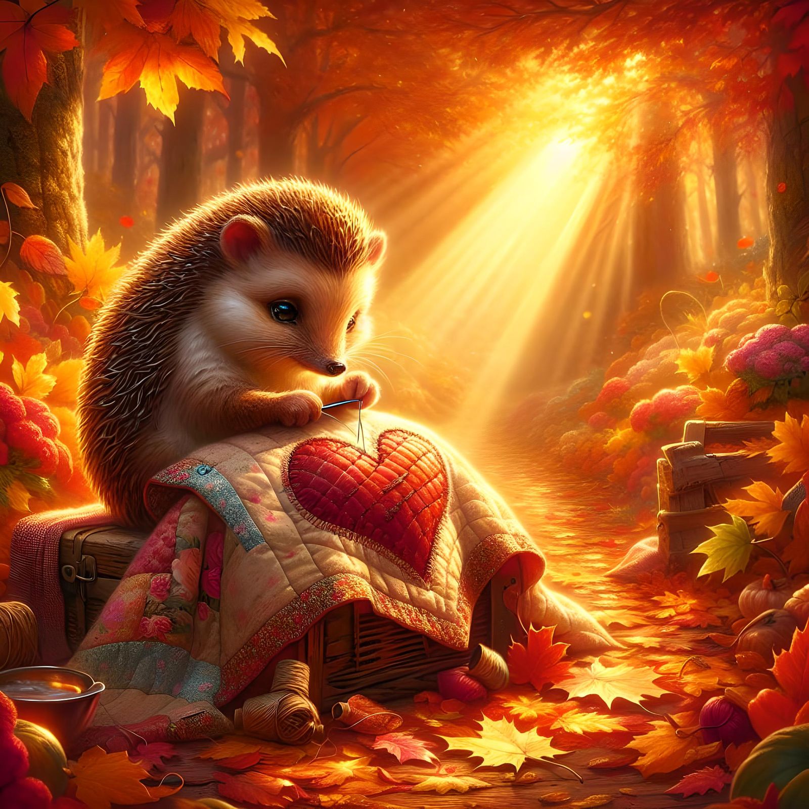 Hedgehog Sewing Quilt: Autumn Digital Art