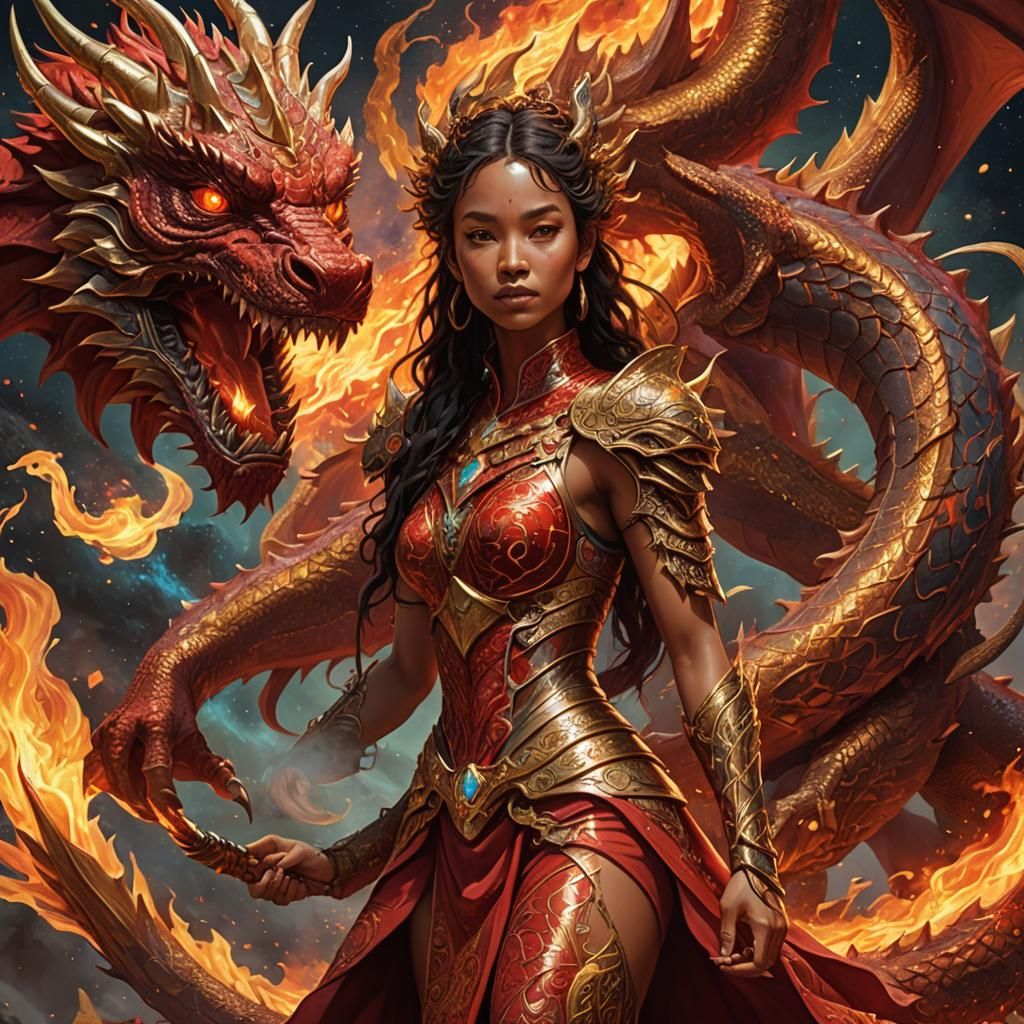 Fiery Dragon Protector in Cosmic Illustration Style