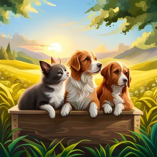 Kittens and Puppy Cuddle: Hyperrealistic Splash Art