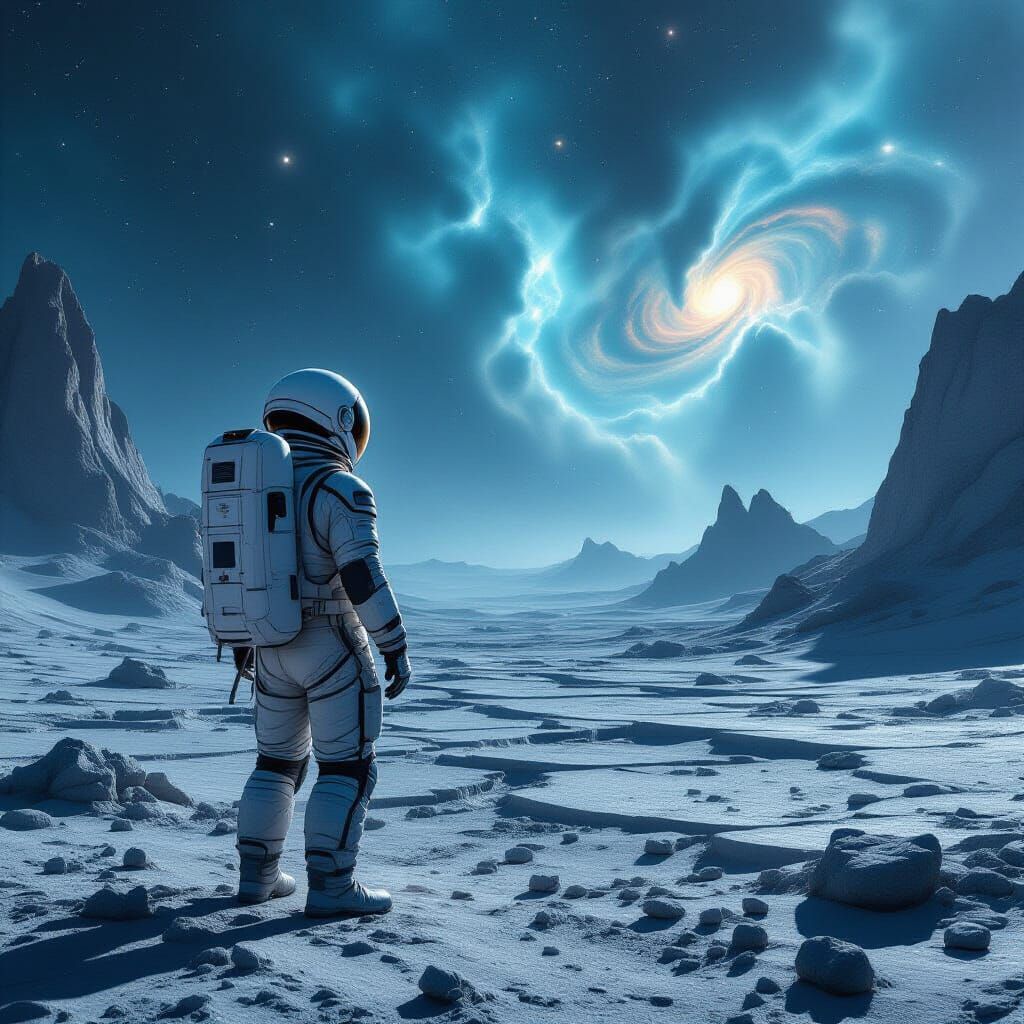 Astronaut Gazes at Nebulae on Alien Planet