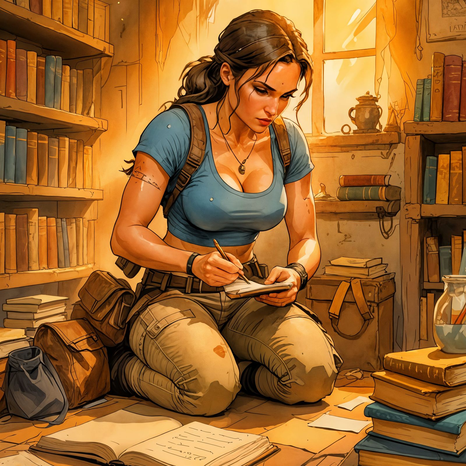 Lara Croft Taking Notes: Storybook Illustration