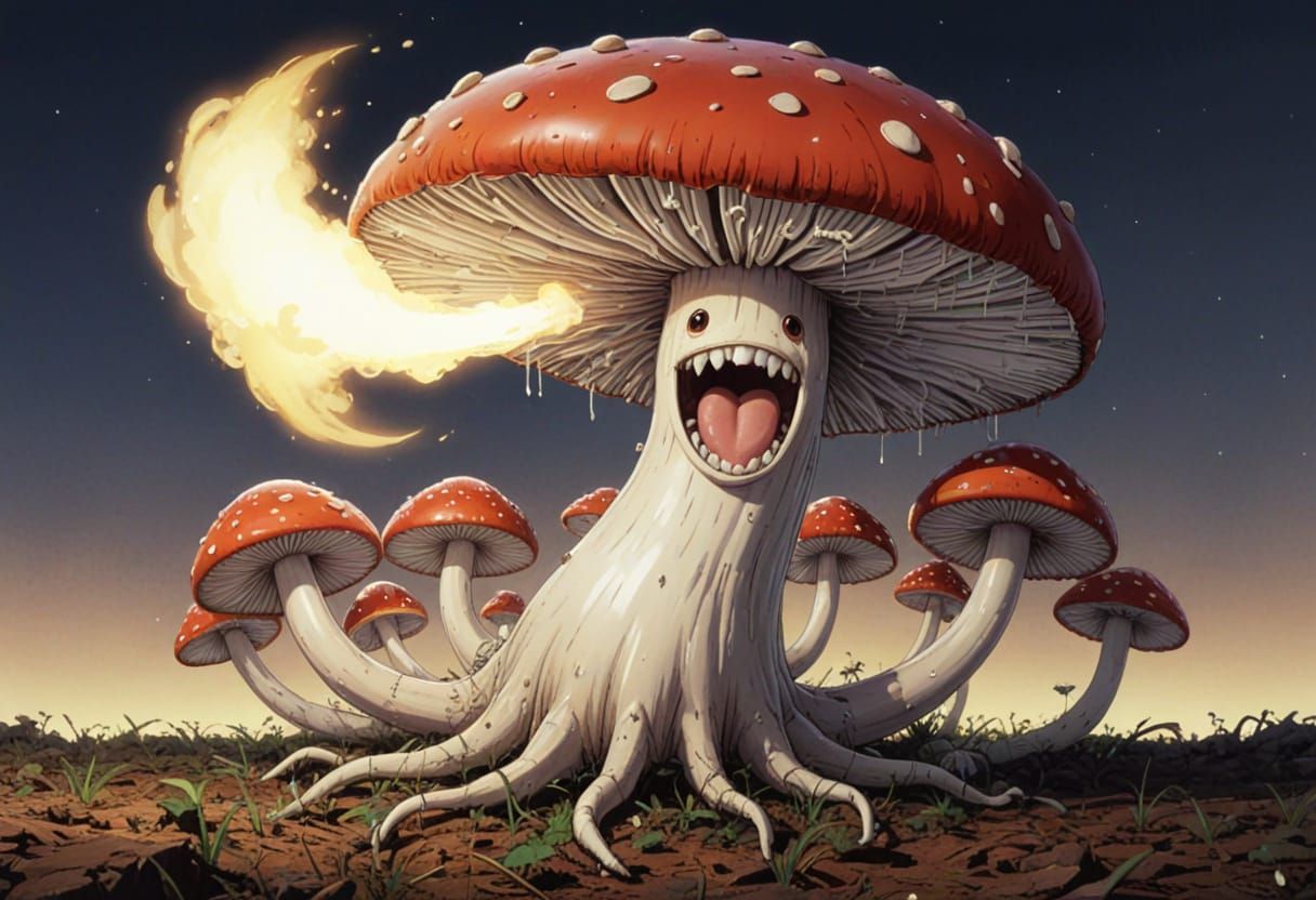 Chibi Mushroom Monster Uses Spore Blast, Anime Illustration