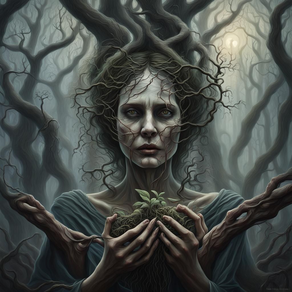 Mother Nature's Twisted Seedlings: A Dark Fantasy Painting