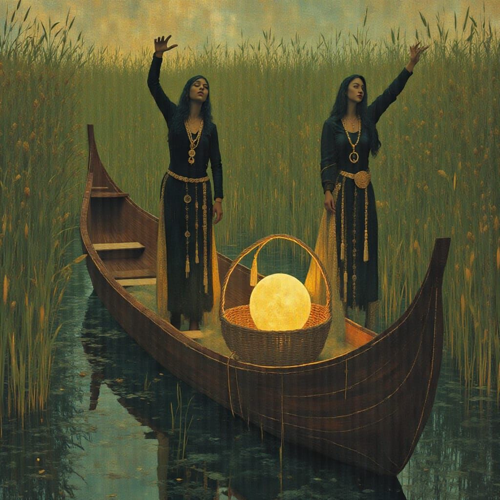 Regal Priestesses Transport Glowing Moon Through Reeds