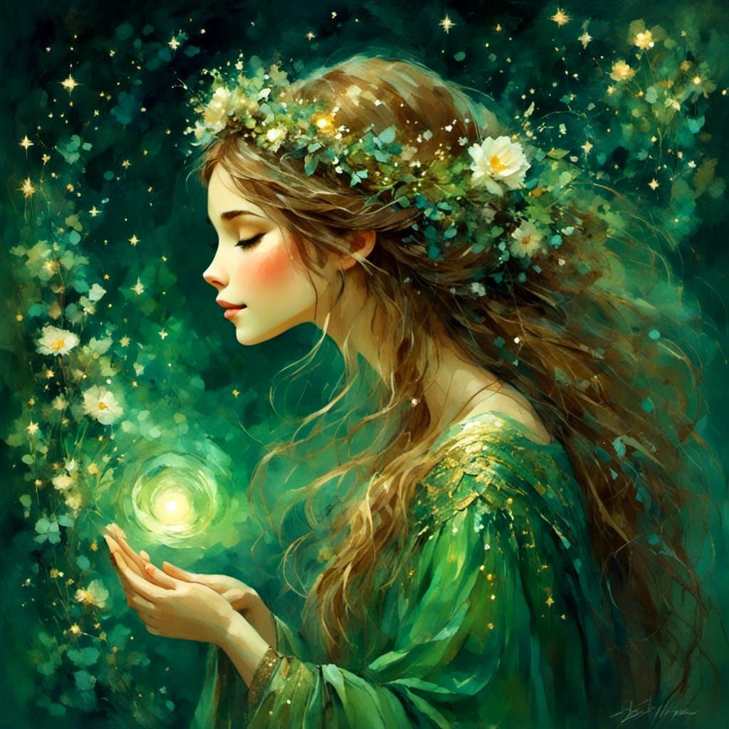 Serene Magician in Starry Night Sky: Fantasy Illustration
