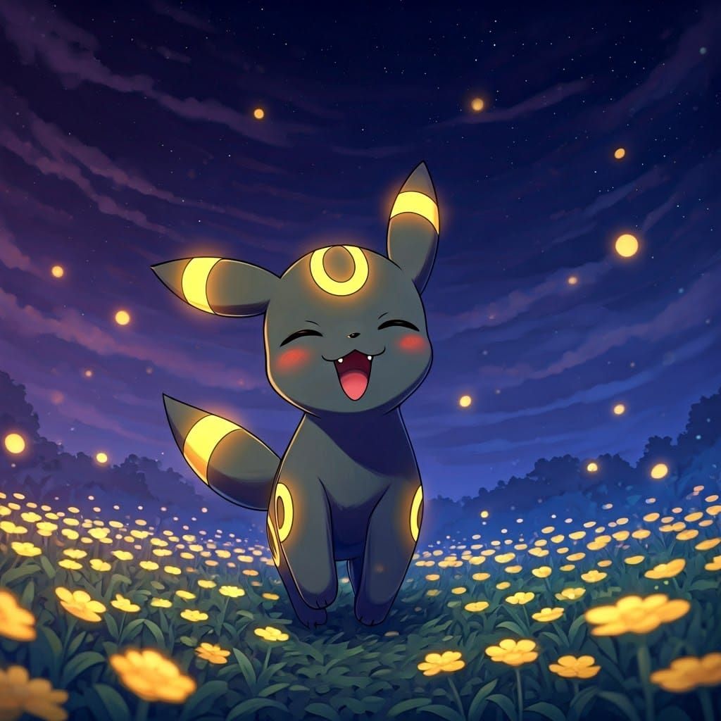 Cinematic Chibi Umbreon Strolls Under Starry Night Sky