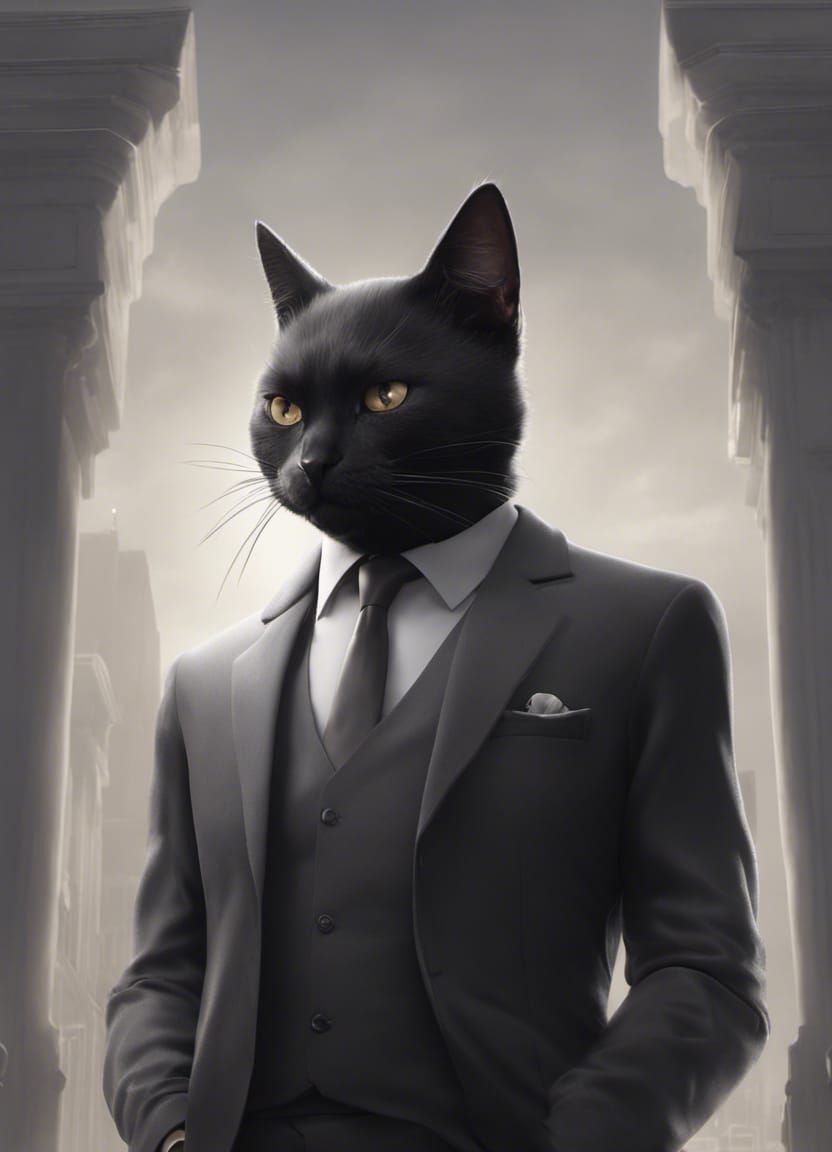 Monochrome Cat Portrait in Suit, Detailed Art