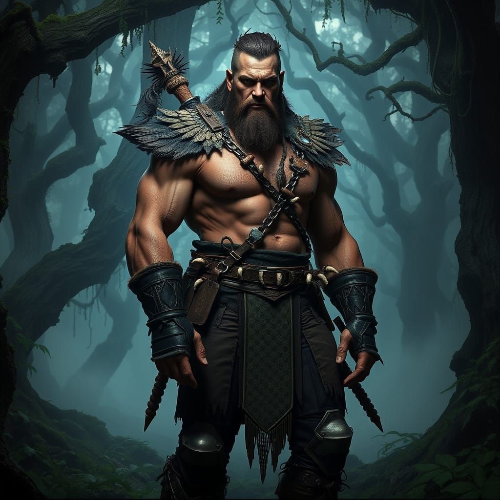 Mystical Hunter in Ancient Forest, Photorealistic