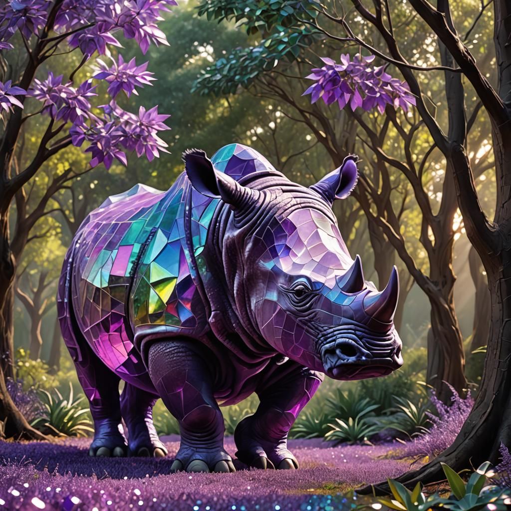 Shimmering Glass Rhino in Emerald Forest