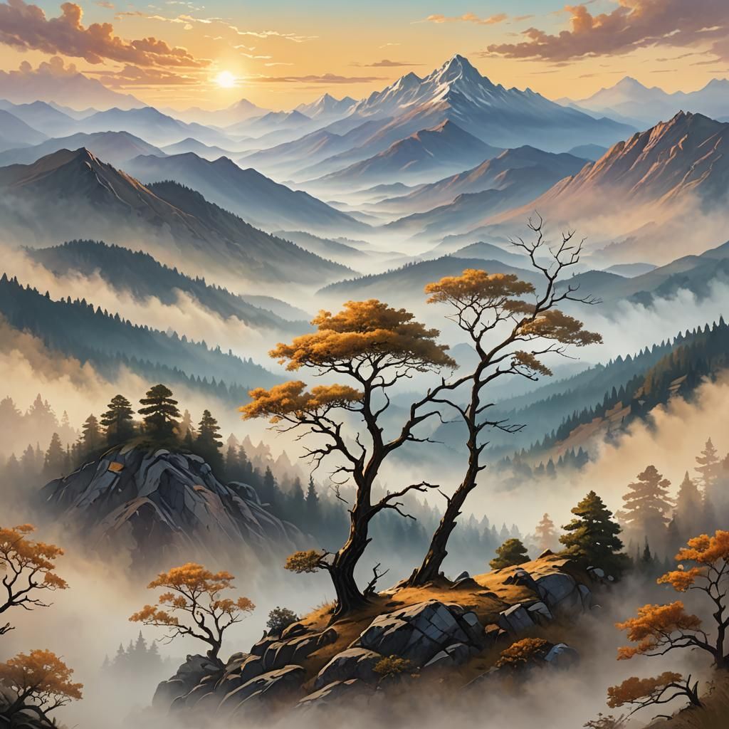 Misty Mountain Sunrise: Digital Landscape Art
