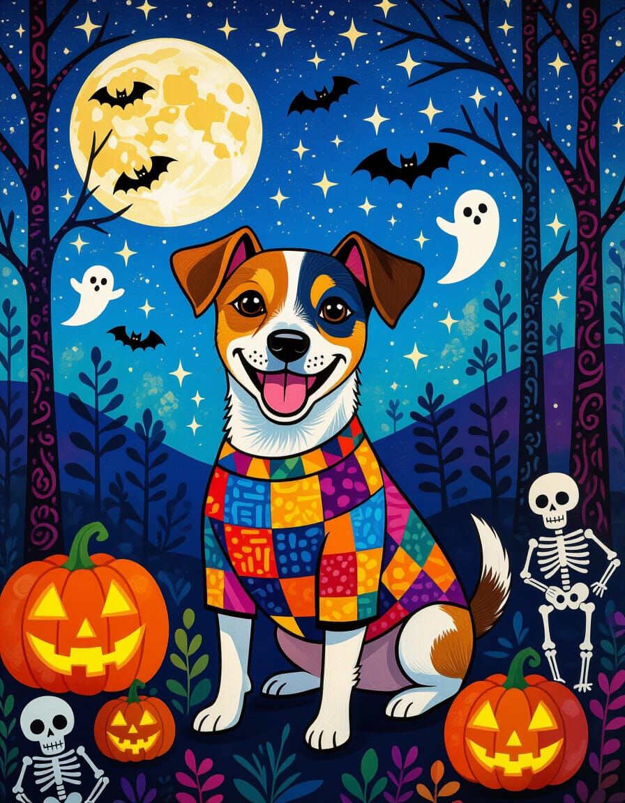 Whimsical Halloween Dog in Klimt Style