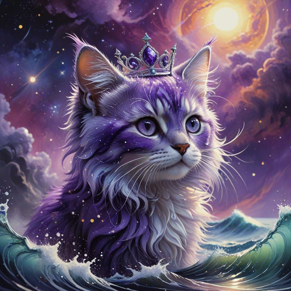 Fantasy Kitten Amidst Celestial Oceanic Majesty