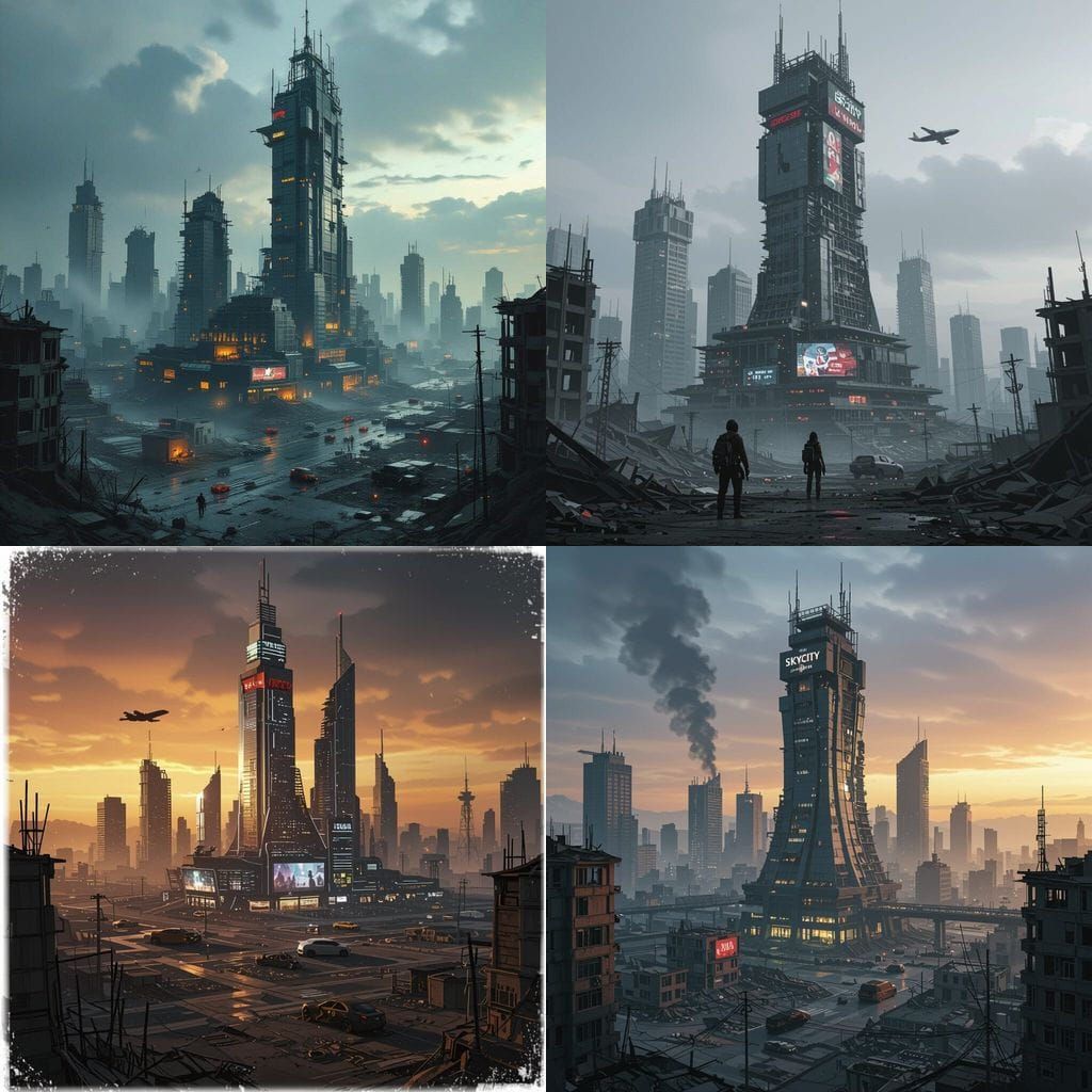 Post-Apocalyptic Skycity Over Ruined Landscape