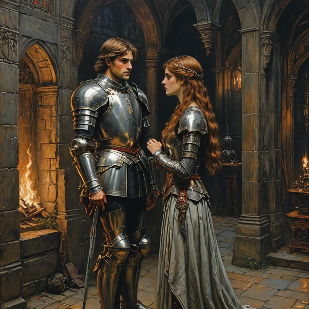Romantic Knight and Girl in Castle Interior
