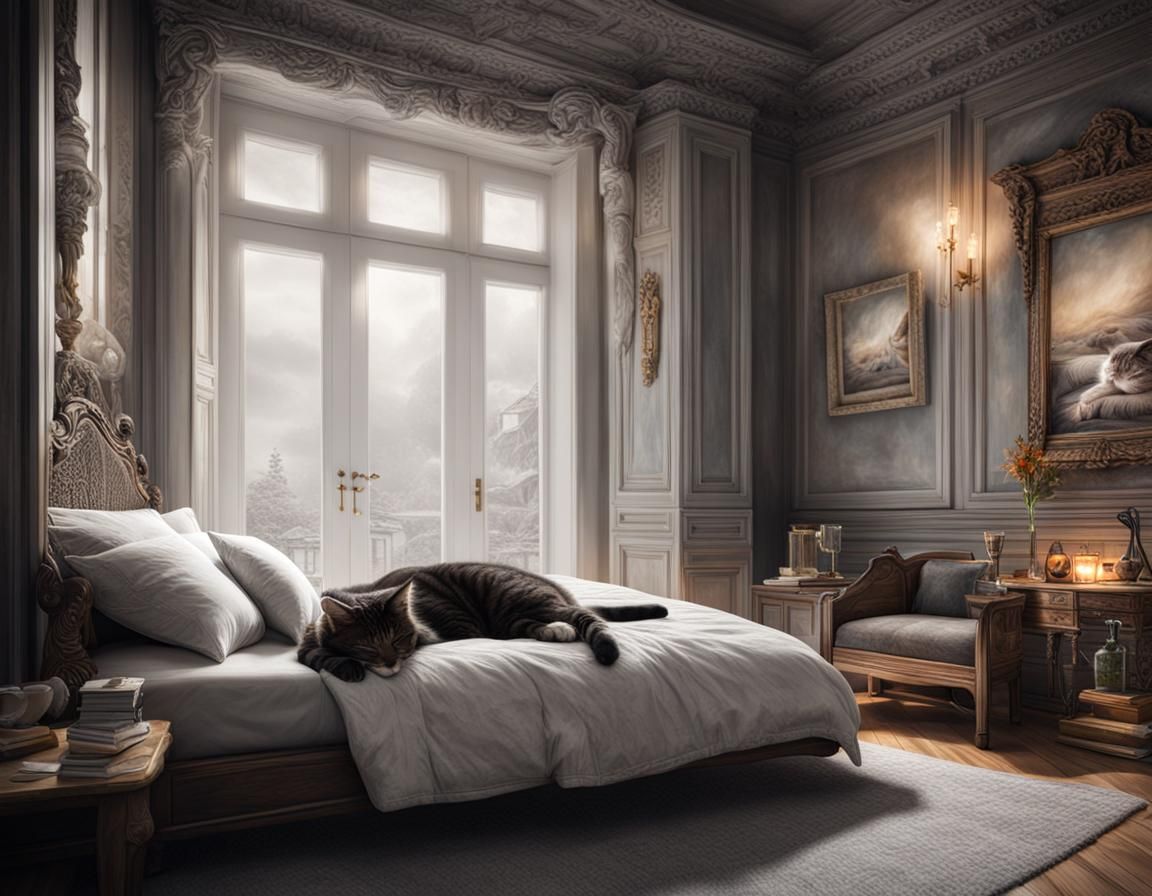 Girl and Cat Sleeping: Hyperrealistic 64 Megapixel Image