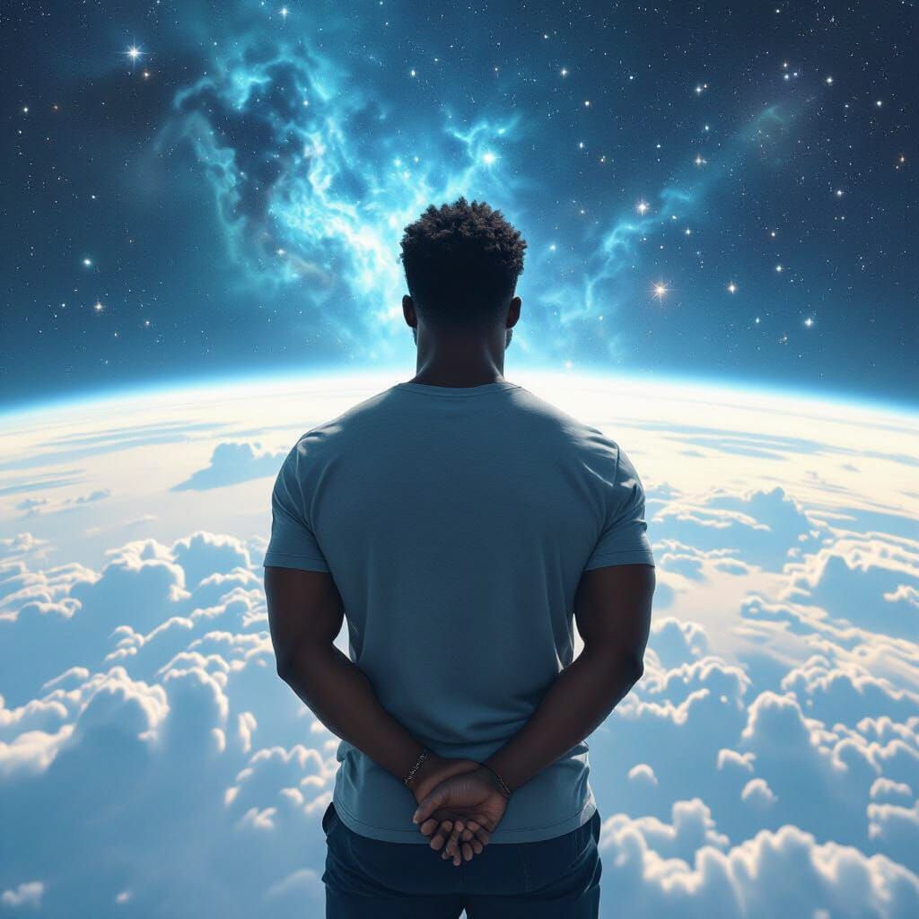 Muscular Man Floats in Space Over Earth