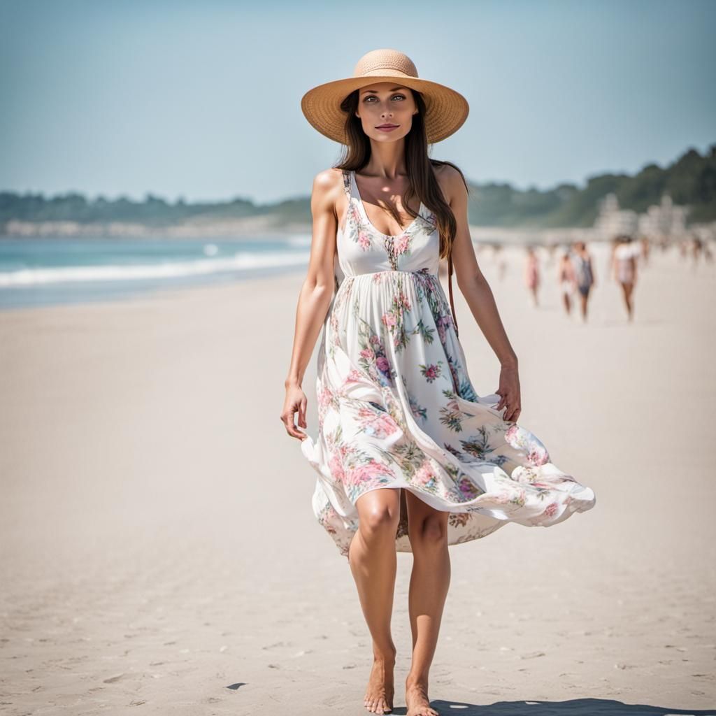 Woman in Sundress Walking on Beach