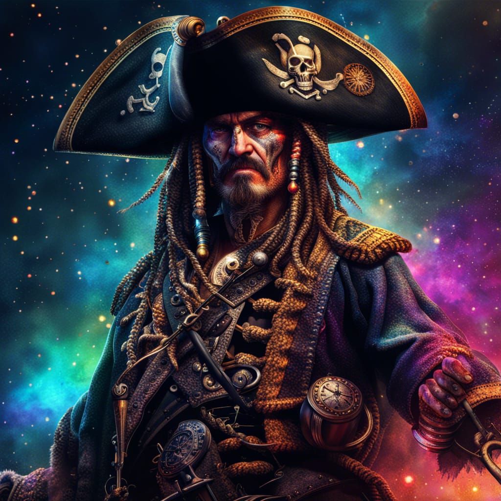 Pirate Ship Soaring Through Sparkling Nebula